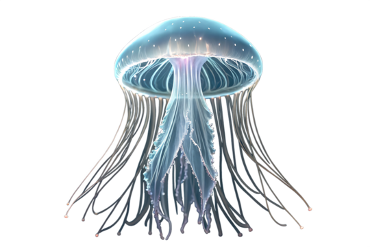 Illuminated jellyfish with long tentacles floating in the dark ocean waters of the abyss