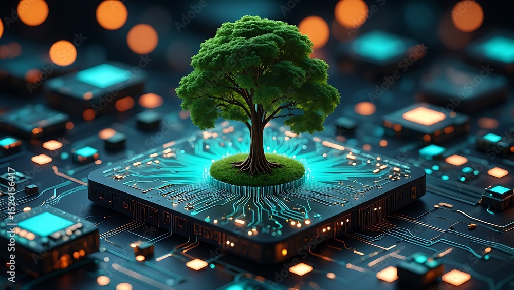 Aufkleber digital transformation concept with green tree on a circuit board representing technology and nature