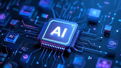 Artificial intelligence chip illustrating technology and computer hardware with modern digital circuitry