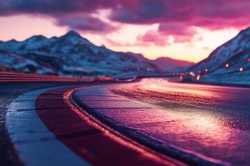 Scenic Mountain Road at Sunset. Serene Curved Road with Snowy Peaks, Vibrant Pink Clouds, and Reflection - Perfect Automotive Adventure Travel Photography