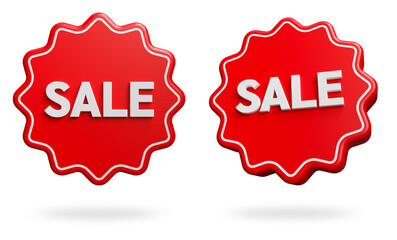 SALE text on red tag isolated on white background, promotion sale badge icon or starburst sticker, 3d render