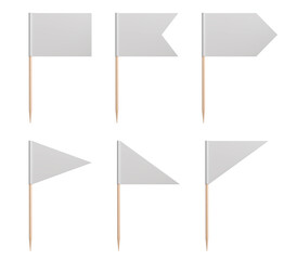 White small flags on toothpicks, blank flags of different shapes on wooden sticks, empty round triangular rectangle mini decorative pennants for food collection. 3d render
