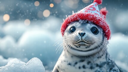 Obraz premium Cute seal wearing a red hat resting on ice with a snowy background near the sea during winter