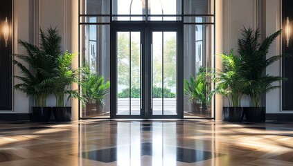 Fototapeta premium Elegant hall with black steel-framed glass double doors and parquet flooring with plants
