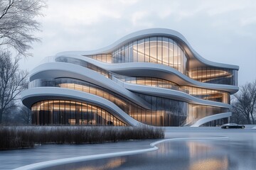 Innovative Architectural Masterpiece. Sleek and Modern Urban Design with Glass Facade and Curvilinear Shapes in a Serene Winter Scene.