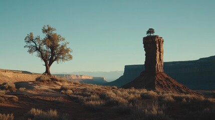 Lonely sandstone column rising from the valley with a tree growing at its peak