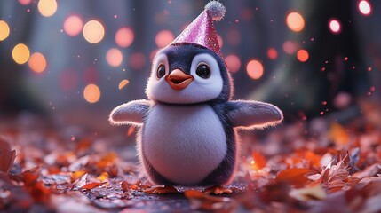 Cute penguin celebrates with party hat among colorful autumn leaves in a whimsical setting