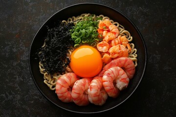 Asian Cuisine Delight. Delicious Shrimp Bowl of Noodles with Egg, Seaweed, and Fresh Green Onions - A Vibrant, Savory Seafood Dish in a Black Bowl for an Exciting Japanese Food Dining Experience