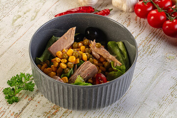 Dietary salad with canned tuna and corn