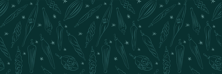 Festive dark snow pattern with Christmas tree toys and snowflakes. Vector winter New Year background. For greeting holiday cards, banners, wrapping paper.