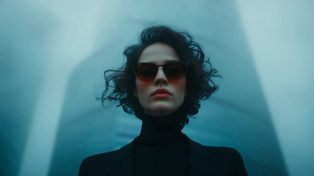 dim light with misty fog woman wearing sunglasses and black turtle neck sweater at outdoor, serious face expression with high rise building in the mist as background
