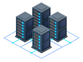 Isometric illustration of four server racks connected by blue lines on a black background