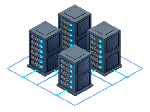 Isometric illustration of four server racks connected by blue lines on a black background