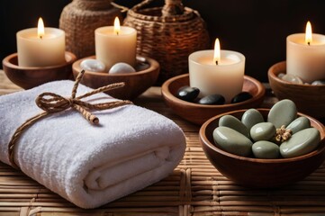 Spa composition. Relaxing spa candles and wellness background. Love atmosphere atmosphere mood background. Massage studio, massage therapy preparation