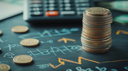 Stock market chart with coins and calculator showing financial growth and investment