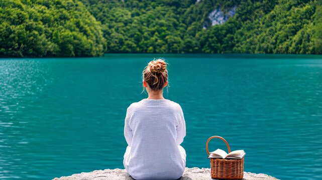 Young woman in white robe sitting by turquoise lake with a book and picnic basket. Peaceful nature, digital detox, mindful rest, solitude, and escape from digital noise