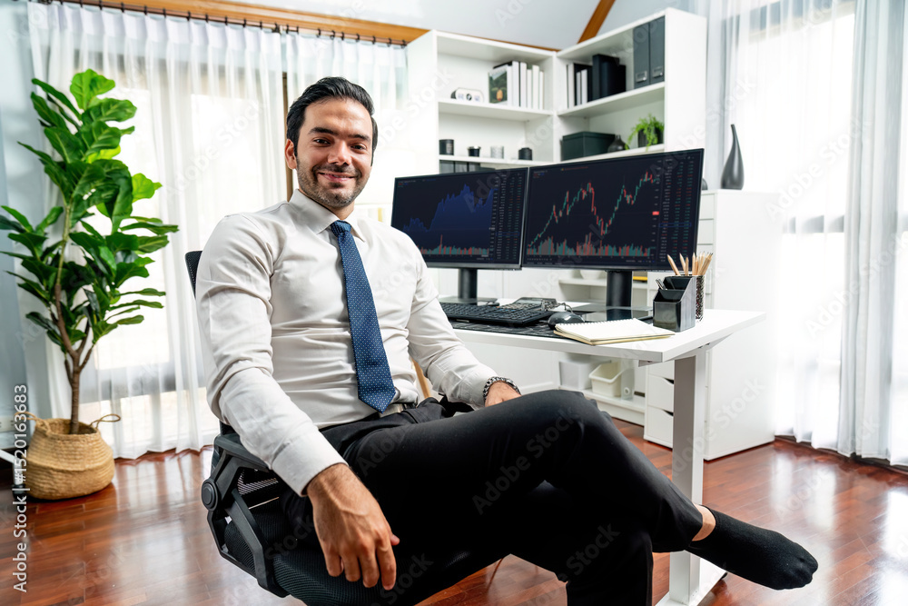 Poster profile of successful in trader businessman looking at camera with two stock exchange investment scr
