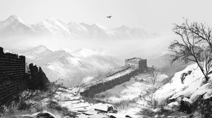 Long section of the Great Wall covered in early morning frost, surrounded by a winter landscape of snow-dusted peaks