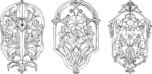 Set of three floral window elements, iris, peony, art nouveau style, black outline vector