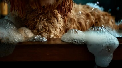 Goldendoodle puppy bathes in soapy water with bubbles in a wooden tub for dog hygiene and pet care