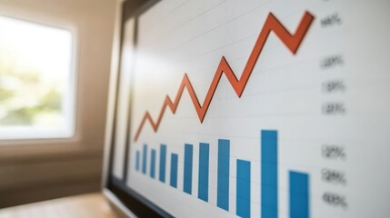 Obraz premium Business Growth Chart with Red and Blue Bars on Computer Screen