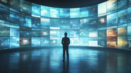 Business Analyst Silhouette in Front of Financial Data Visualization Wall