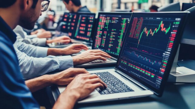 Business professionals analyzing stock market data on multiple laptops