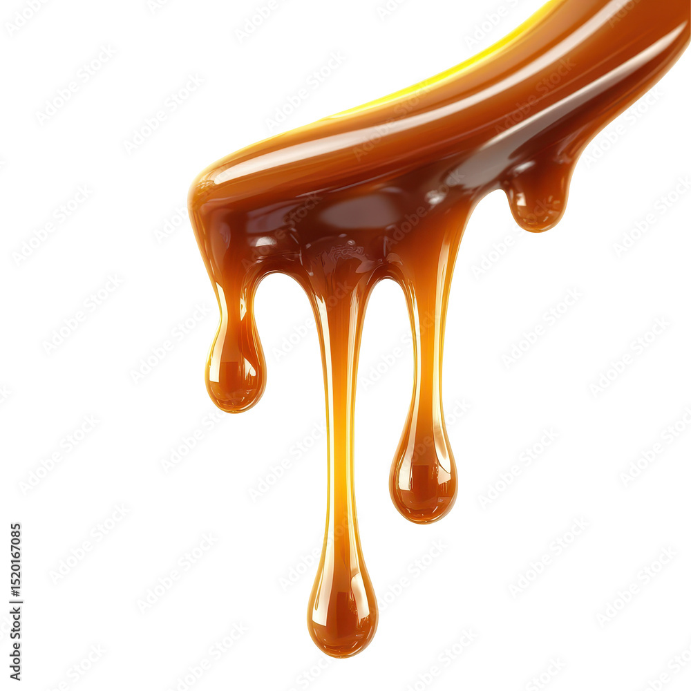 Poster golden syrup dripping from a surface creating a glossy cascade in a bright setting