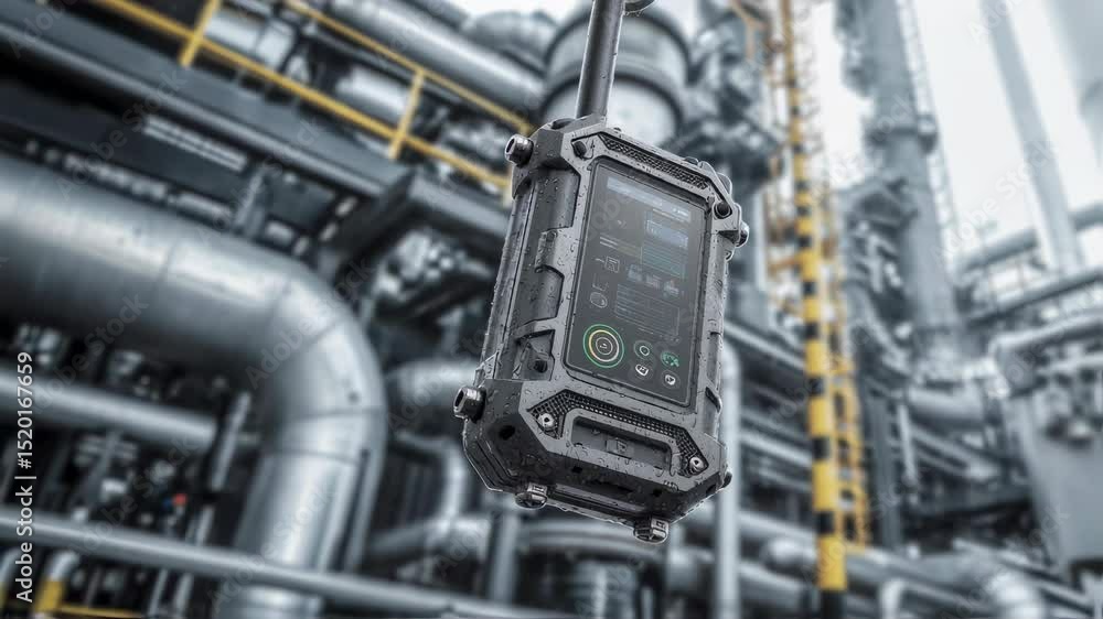 Poster futuristic rugged mobile device with antenna and digital interface hanging and showing data, monitor