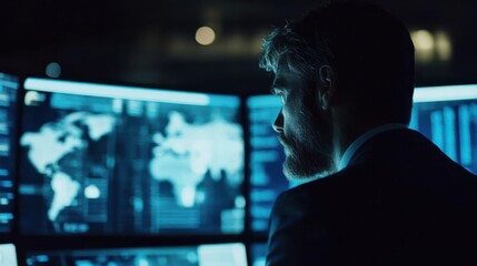 Business Professional Analyzing Data on Multiple Computer Screens