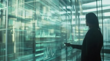 Business professional interacting with digital data visualization display