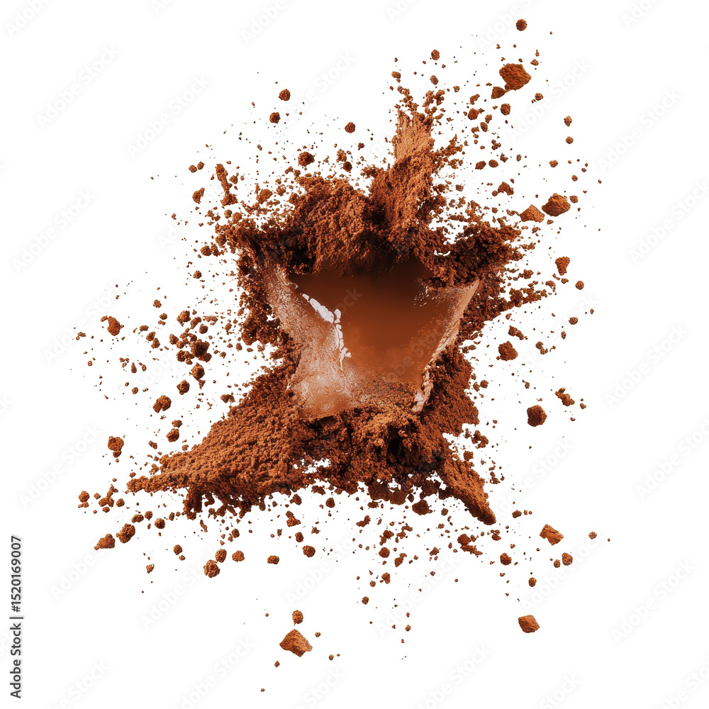 Poster cocoa powder splashes create an artistic display of swirling textures and rich color on white backdr
