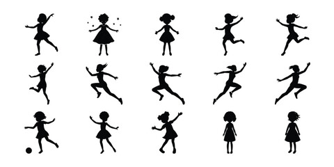 Silhouettes of Active and Playful Girls in Vector Poses on white background