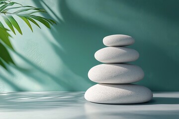 Tranquil Stacked Stones on Green Background. Minimalist Zen Decor & Natural Wellness