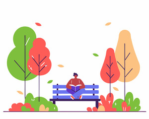 Person reading on a bench in a pastel autumn park with falling leaves.