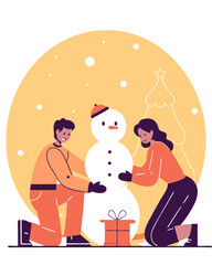 Family building a snowman under pastel winter stars.