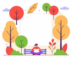 Person reading on a bench in a pastel autumn park with falling leaves.