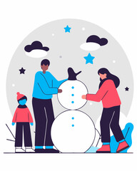 Family building a snowman under pastel winter stars.