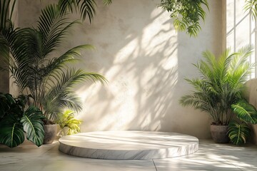 Modern Minimalist Interior Design Photography. Serene Workspace with Natural Materials and Potted Plants