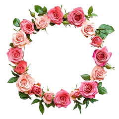 Floral wreath made of various shades of pink roses on a white background for decoration or celebration
