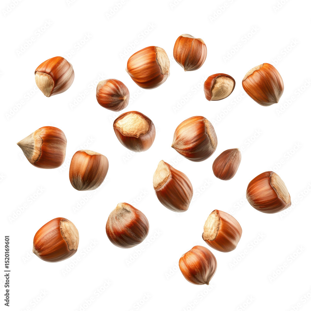 Poster various hazelnuts scattered on a white background showcasing their round shape and smooth texture id
