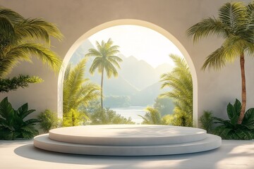 Modern Indoor Garden Design. Minimalist Architecture with Tropical Palm Trees and Serene Mountain Views