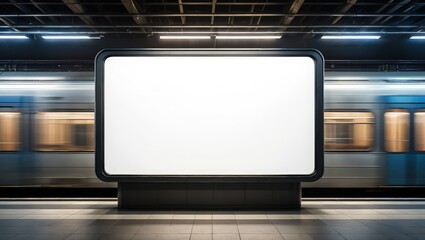 Obraz premium Empty advertisement display in NYC subway station. Fast moving train visible in background. Modern marketing media template. Mock up poster. Vertical design. Realistic 3D render. Ideal for urban