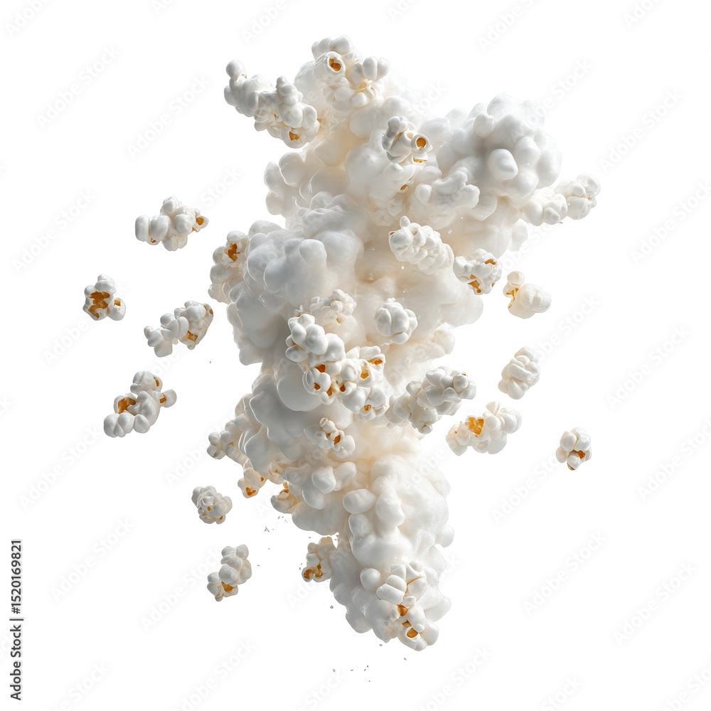 Poster popcorn bursts into a fluffy cloud in a vibrant display of texture and movement