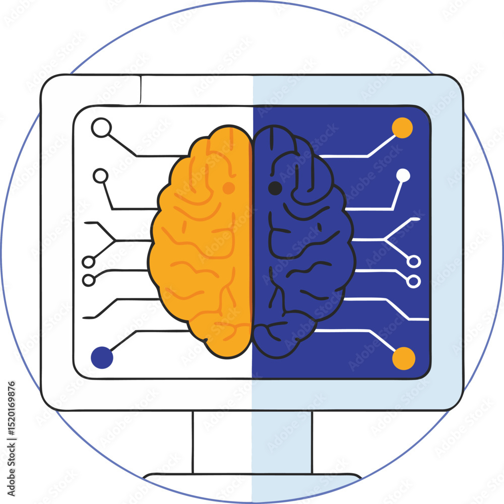 Poster artificial intelligence and human brain conceptual illustration on a computer monitor