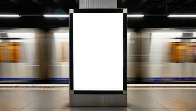Empty advertisement display in NYC subway station. Fast moving train visible in background. Modern marketing media template. Mock up poster. Vertical design. Realistic 3D render. Ideal for urban