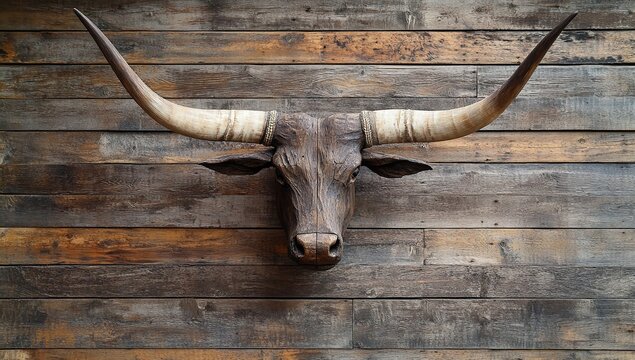 Rustic wooden wall with carved longhorn head and realistic horns creating depth