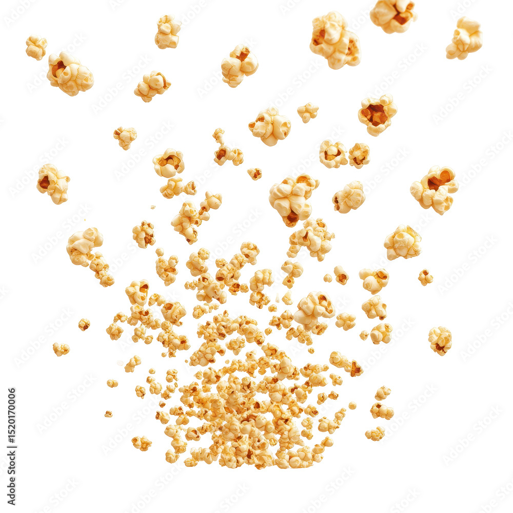 Poster popcorn kernels bursting in mid-air create a fun and dynamic feast for the senses during a movie nig