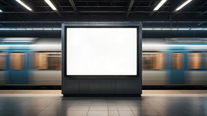 Empty advertisement display in NYC subway station. Fast moving train visible in background. Modern marketing media template. Mock up poster. Vertical design. Realistic 3D render. Ideal for urban