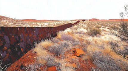 Long wall extending through an arid region, blending with the brown tones of the dry landscape